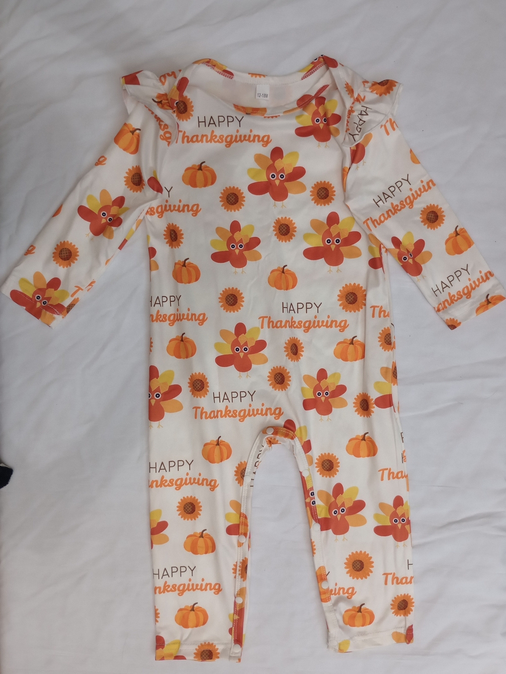 My First Thanksgiving One-Piece Romper Fall Turkey Orange Turkey Print 12-18 Mo